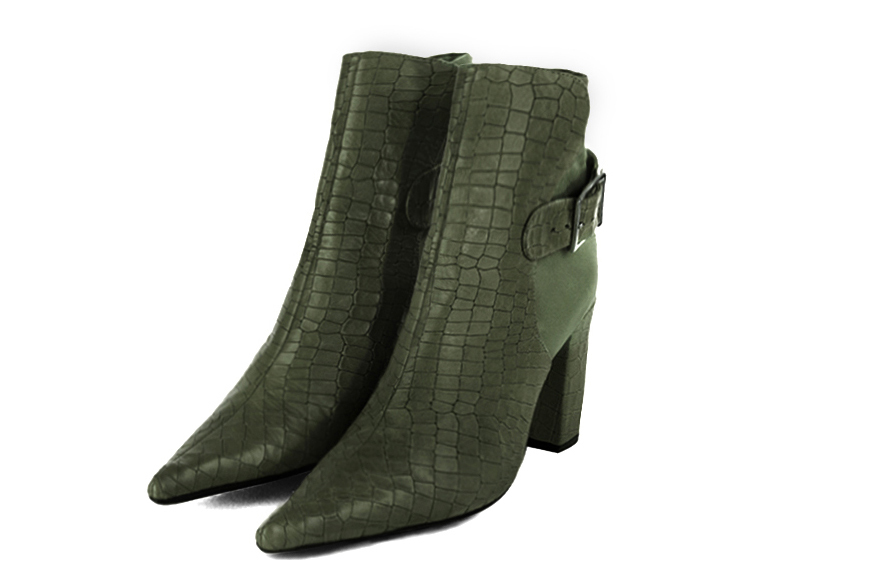 Forest green women's booties, with buckles at the back. Pointed toe. High block heels - Florence KOOIJMAN